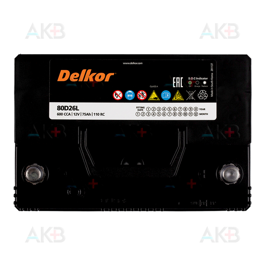 Автомобильный аккумулятор Delkor 80D26L (75R 600A 260x173x225)