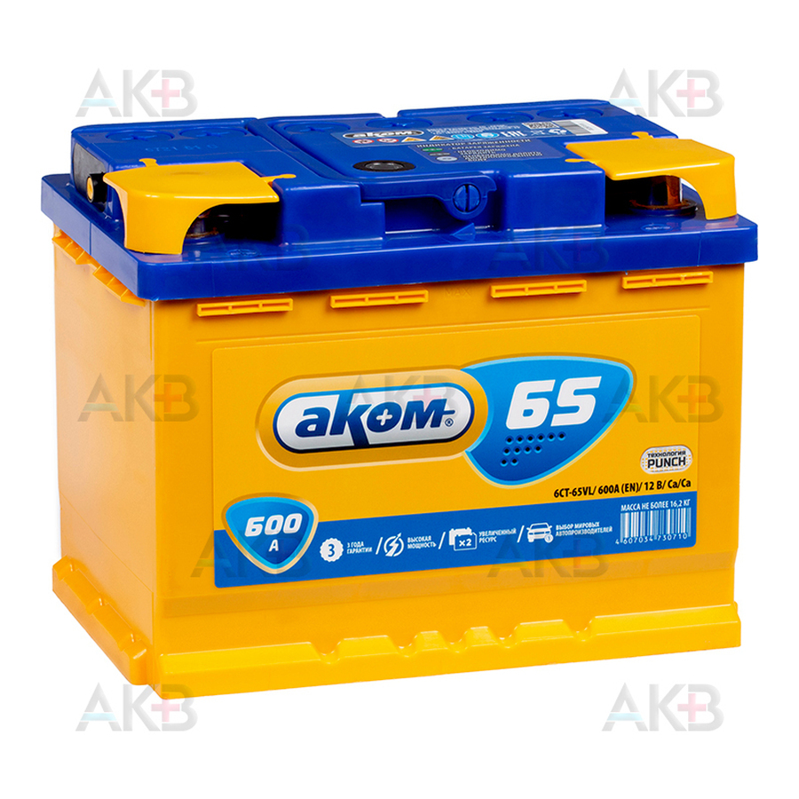 Автомобильный аккумулятор Аком 65 12V 65Ач 600A прям. пол. (242x175x190)