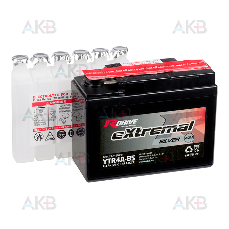 Мото аккумулятор RDrive YTR4A-BS 12V 2,4Ah 45А клеммы T1/T2 сухозаряж. (114x49x86) eXtremal SILVER