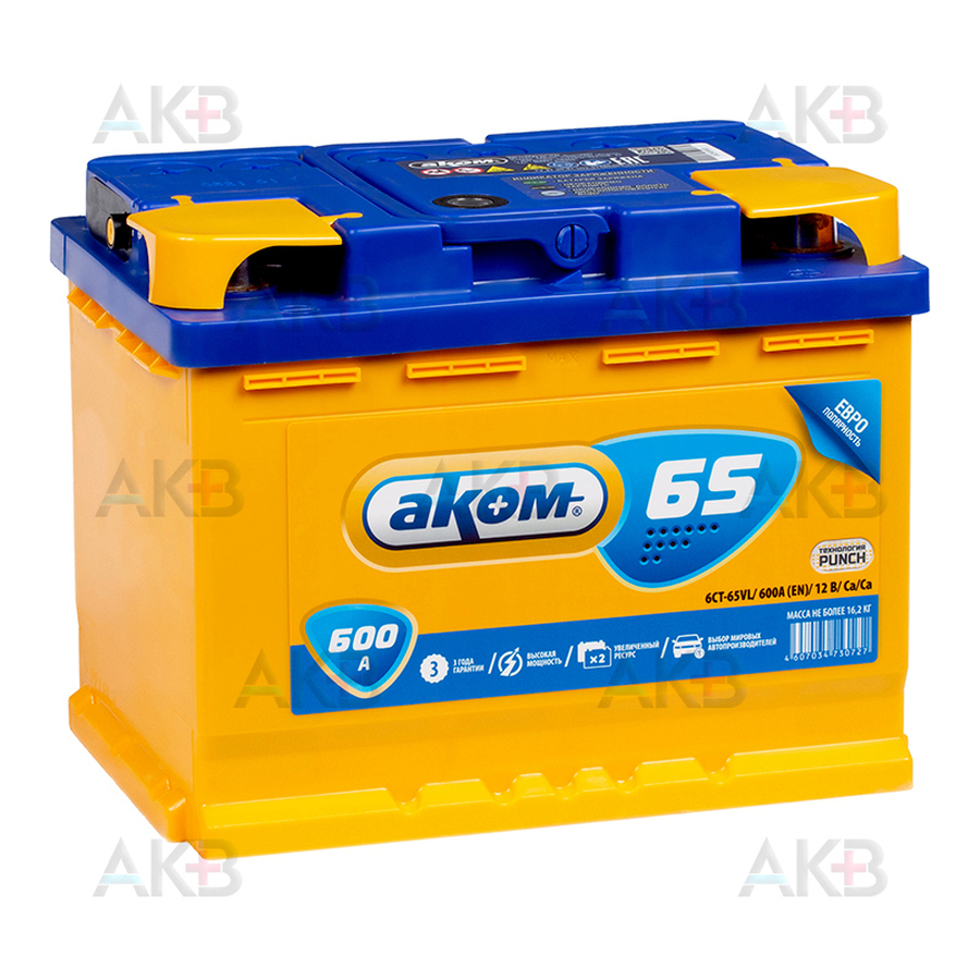 Автомобильный аккумулятор Аком 65Е 12V 65А 600A обр. пол. (242x175x190)