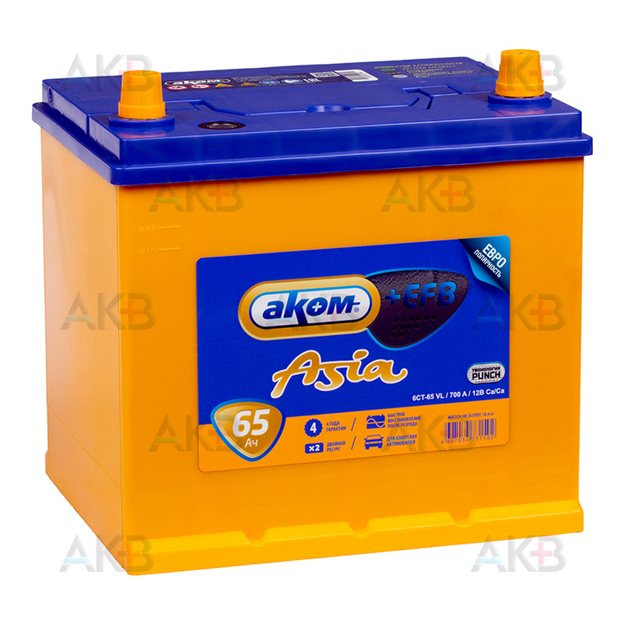 Автомобильный аккумулятор Аком Asia+EFB 65Е 12V 65Ач 700A обр. пол. (232x173x225)