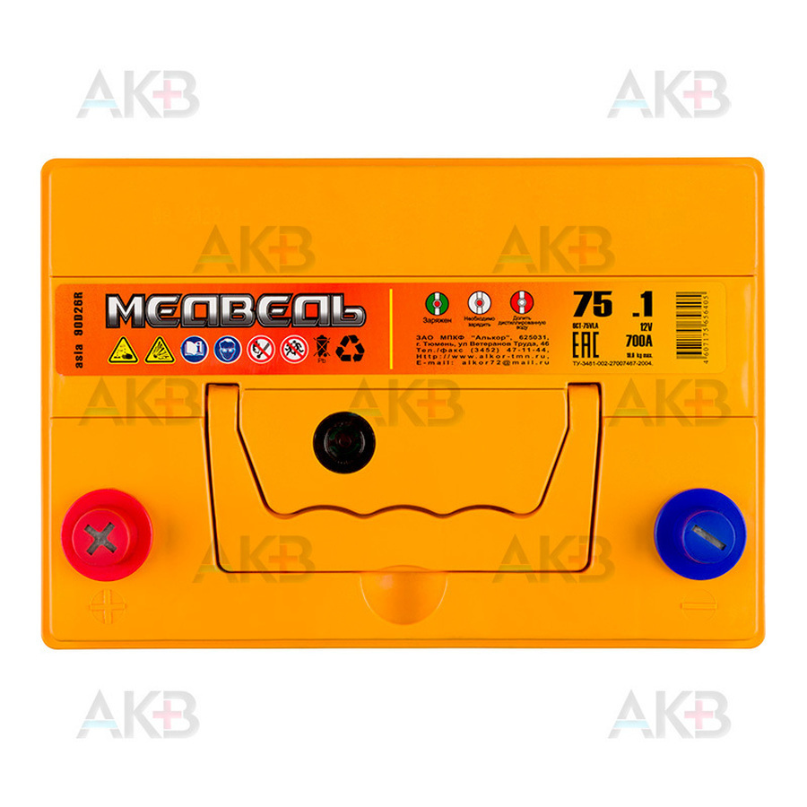 Автомобильный аккумулятор Медведь 90D26R 75 Ач 700A п.п. (260x173x225) ca/ca Silver Asia