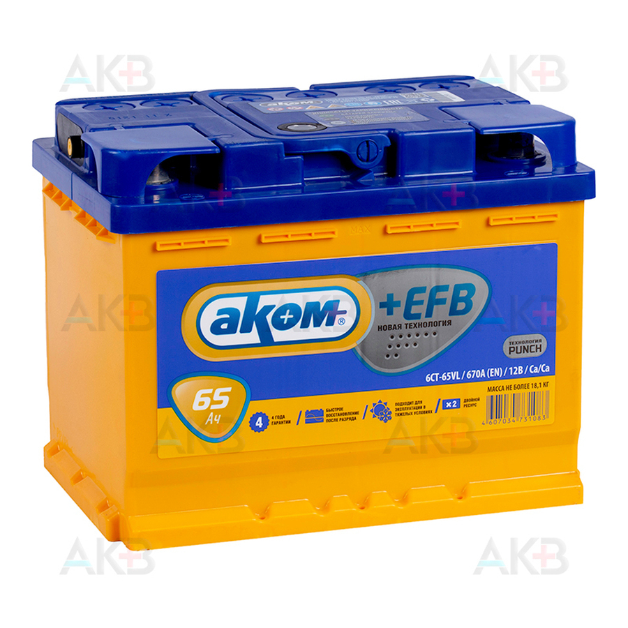 Автомобильный аккумулятор Аком + EFB 65 670А 65Ач прям пол. (242x175x190)