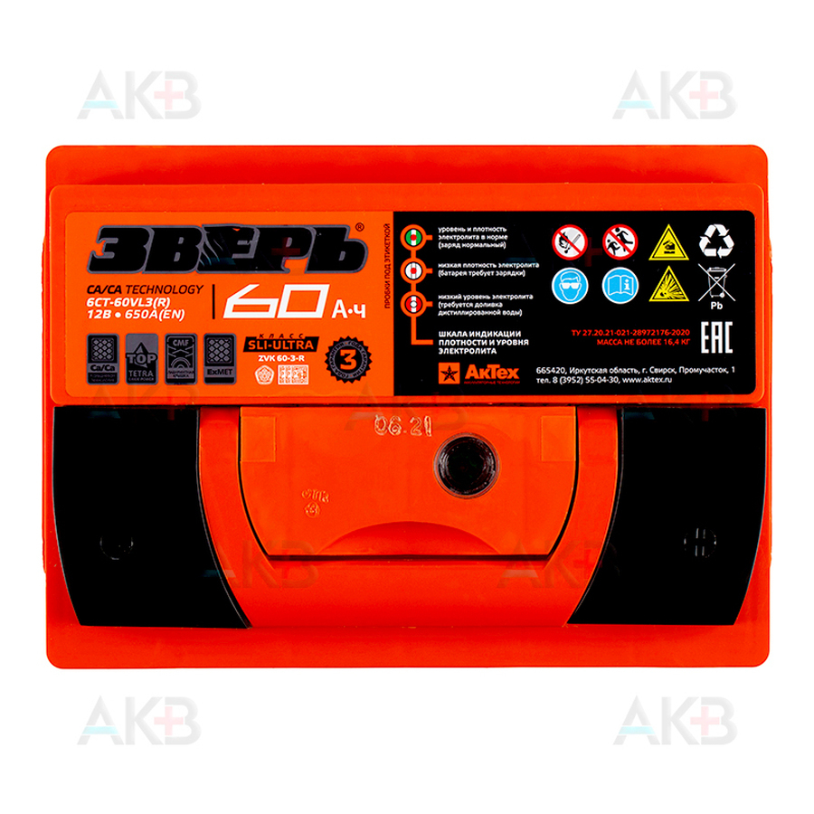 Автомобильный аккумулятор Зверь 60Ач 620A обр. пол. (242x175x190) ZVK 60-З-R