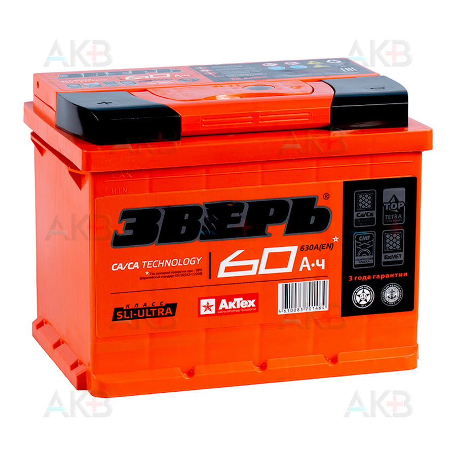 Автомобильный аккумулятор Зверь 60Ач 620A прям. пол. (242x175x190) ZVK 60-З-L