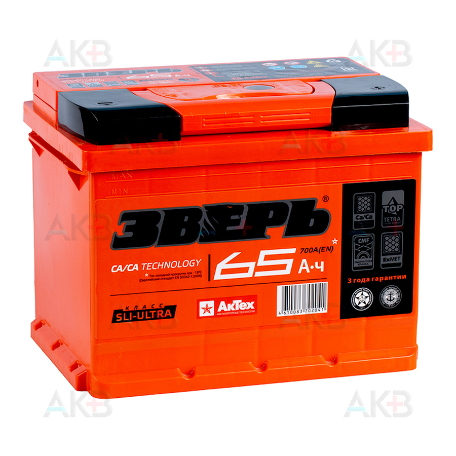 Автомобильный аккумулятор Зверь 65Ач 640A обр. пол. (242x175x190) ZVK 65-З-R