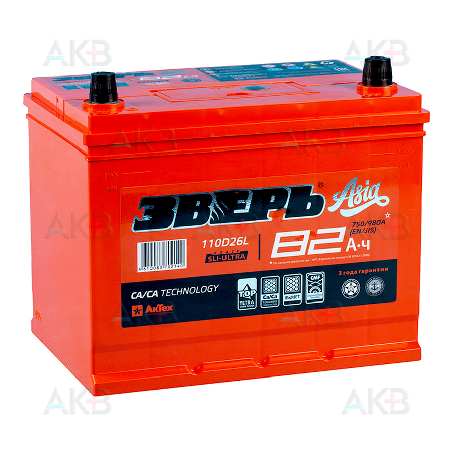 Автомобильный аккумулятор Зверь Asia 110D26L 82Ач 750A обр. (260х175х225) ЗВА 82-З-R