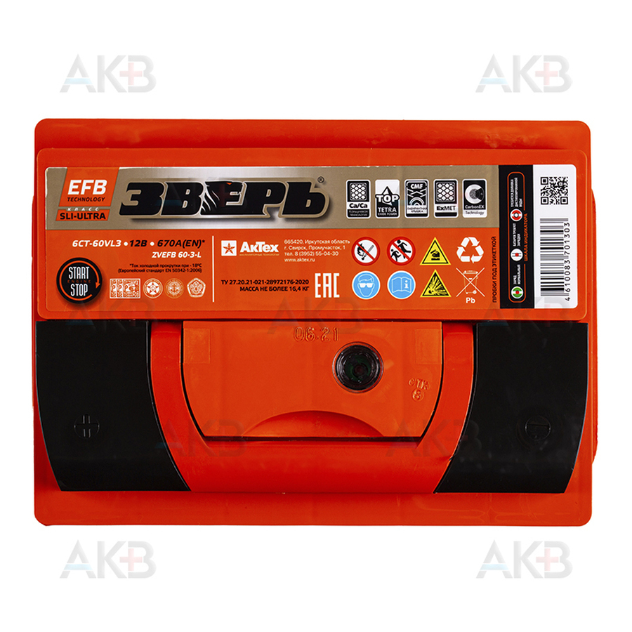 Автомобильный аккумулятор Зверь EFB 60Ач 640A прям. пол. (242x175x190) ZVEFB 60-З-L