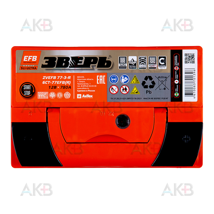 Автомобильный аккумулятор Зверь EFB 77Ач 750A обр. пол. (276x175x190) ZVEFB 77-З-R