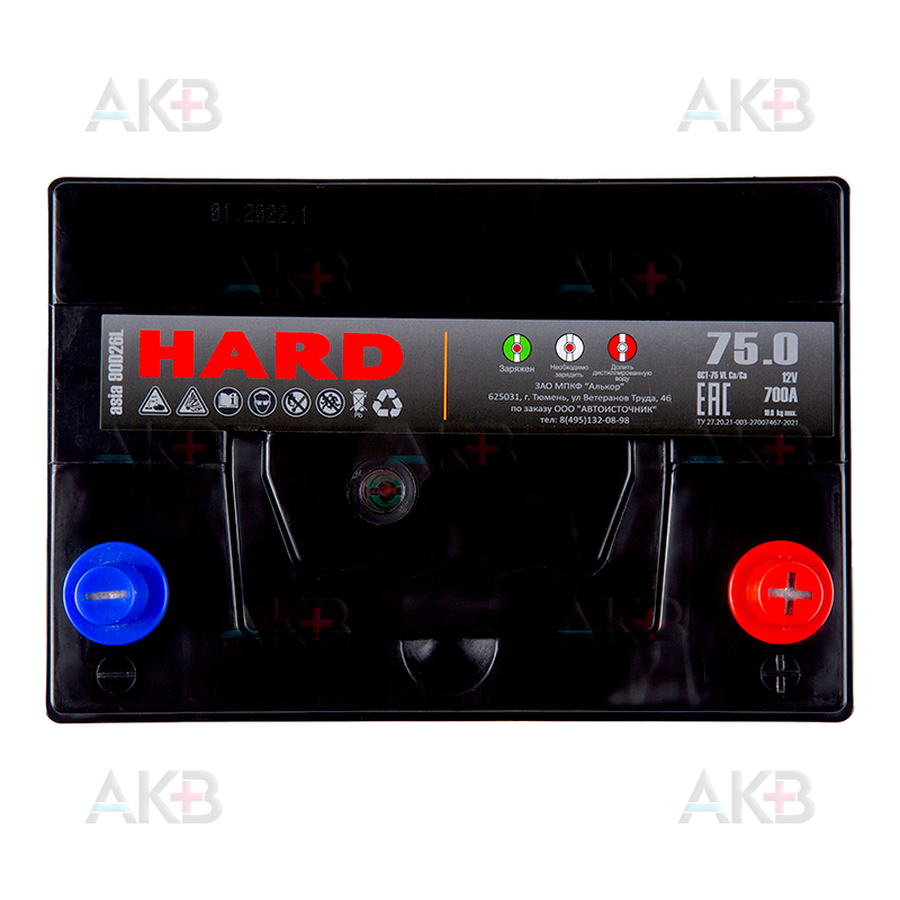 Автомобильный аккумулятор HARD Asia 90D26L 75 Ач 700A о.п. (260x173x225) ca/ca Silver Asia