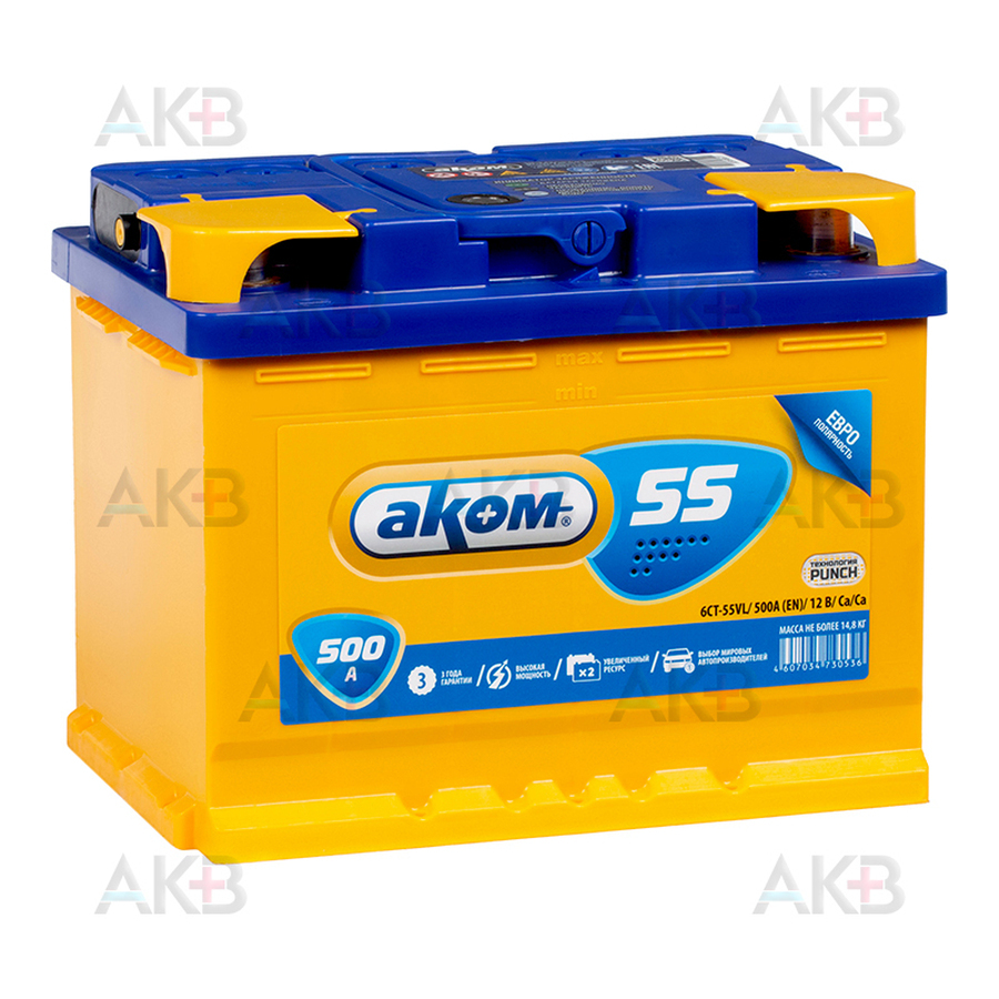 Автомобильный аккумулятор Аком 55 12V 55Ач 500A обр. пол. (242x175x190)