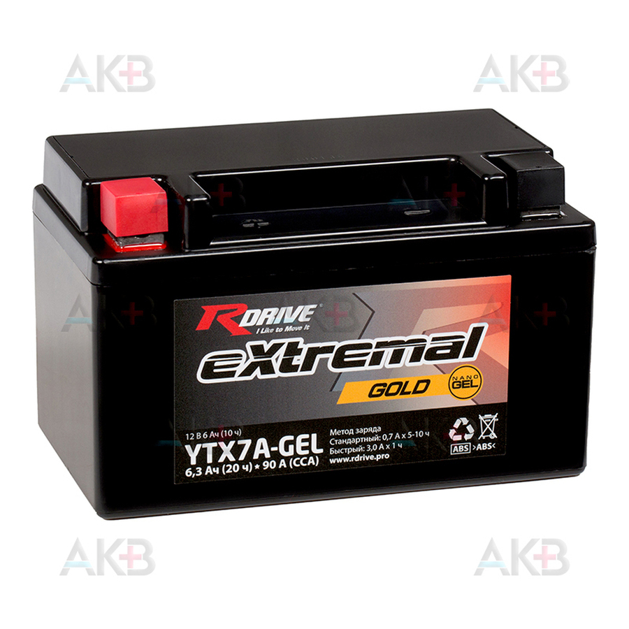 Мото аккумулятор RDrive YTX7A-GEL 12V 6,3Ah 90А прям. пол. (150x87x93) eXtremal GOLD