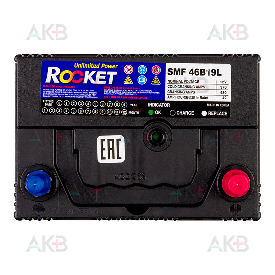 Автомобильный аккумулятор Rocket 46B19L 42Ah 370A (187x127x227) обр. пол.