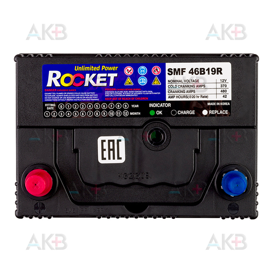 Автомобильный аккумулятор Rocket 46B19R 42Ah 370A (187x127x225) прям. пол.