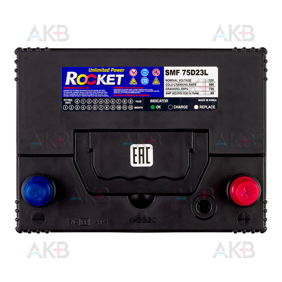 Автомобильный аккумулятор Rocket 75D23L 65Ah 590A (232x175x225) обр. пол.