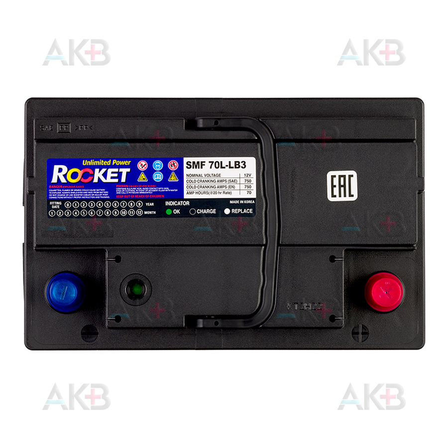 Автомобильный аккумулятор Rocket 70Ah 750A обр. пол. (277x175x175) SMF 70L-LB3