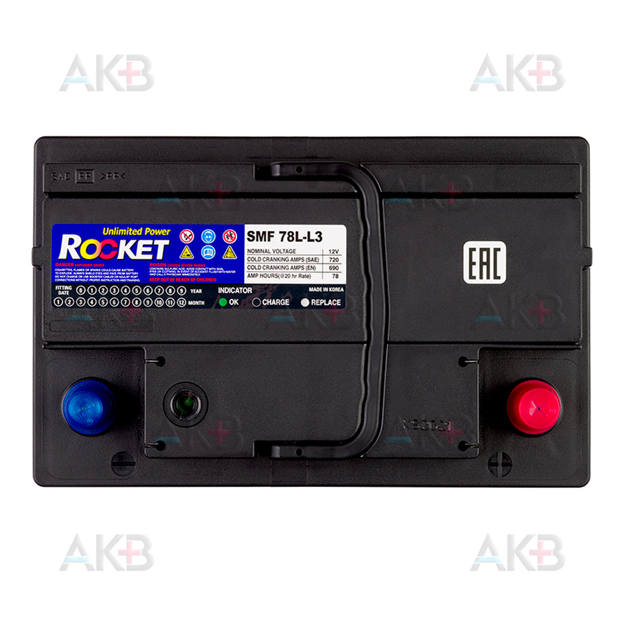 Автомобильный аккумулятор Rocket 78Ah 720A обр. пол. (277x175x190) SMF 78L-L3