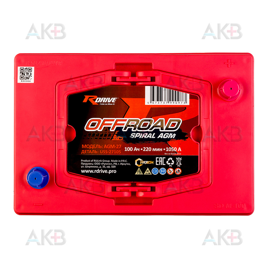 Автомобильный аккумулятор RDrive SPIRAL OFFROAD AGM-27 12V 100Ah 1050A (302х205х257) USS-27105