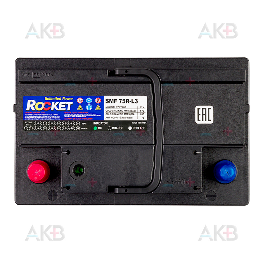 Автомобильный аккумулятор Rocket 75Ah 630A прям. пол. (277x175x190) SMF 75R-L3