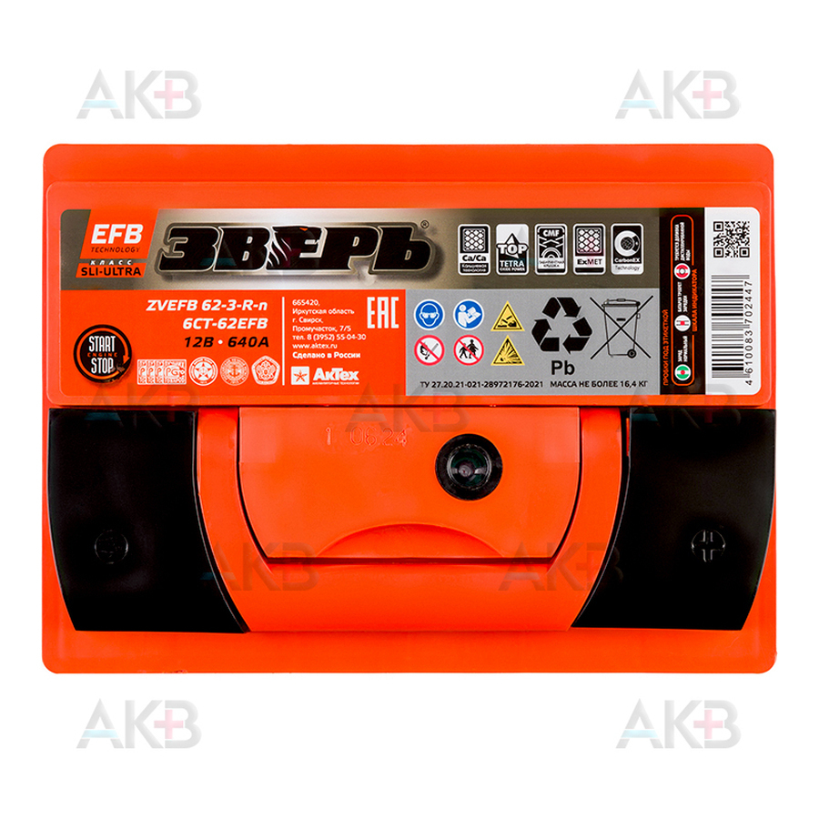 Автомобильный аккумулятор Зверь EFB 62Ач 640A обр. пол. (242x175x175) ZVEFB 62-З-R-n