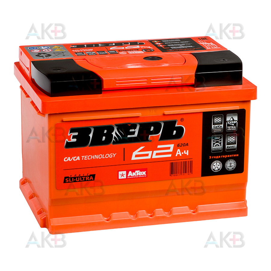 Автомобильный аккумулятор Зверь 62Ач 620A обр. пол. (242x175x175) ZVK 62-З-R-n