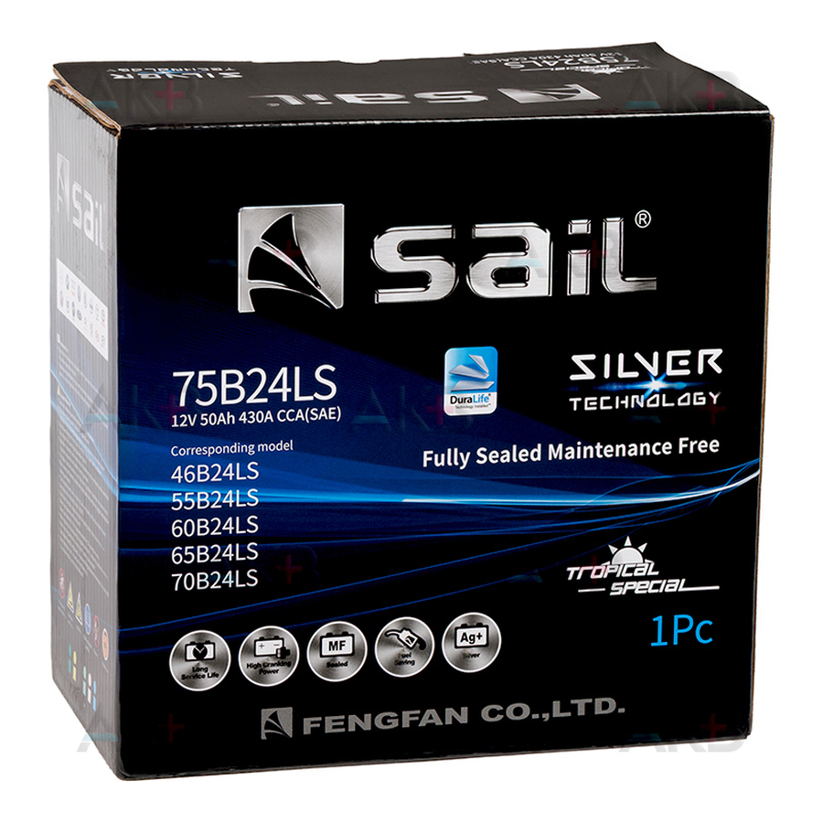 Автомобильный аккумулятор SAIL 75B24LS 50 Ач 430A обр. пол. (238x129x225)