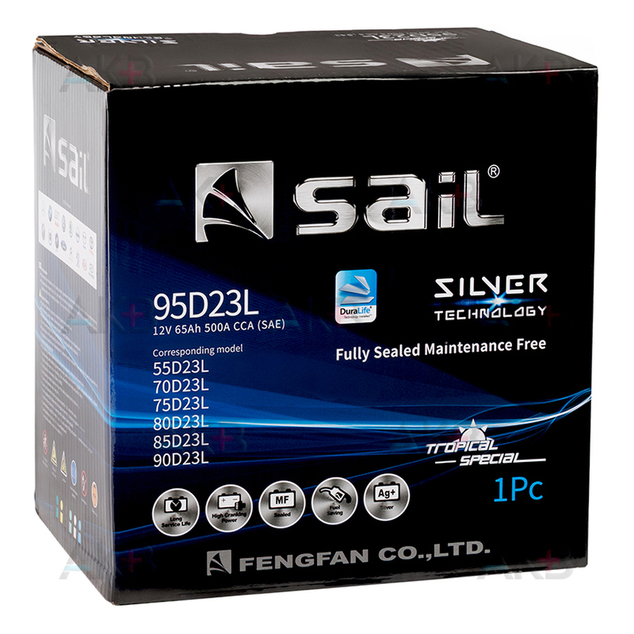 Автомобильный аккумулятор SAIL 95D23L 65 Ач 500A обр. пол. (227x173x225)