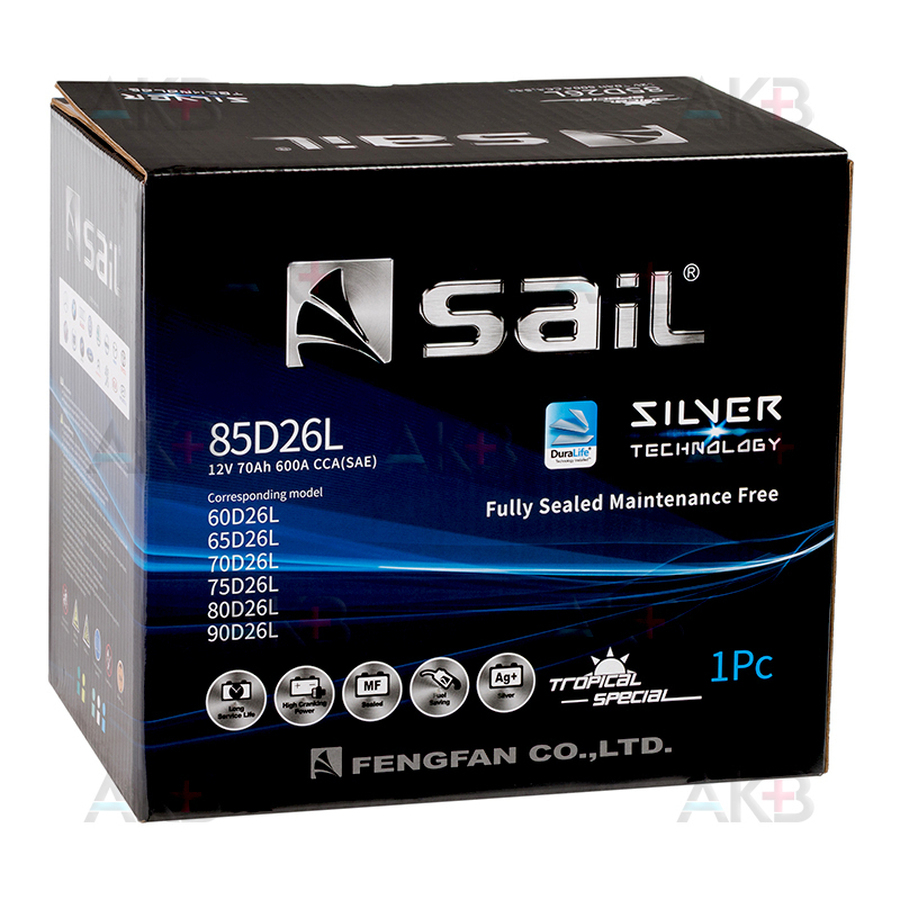 Автомобильный аккумулятор SAIL 85D26L 70 Ач 600A обр. пол. (260x173x225)