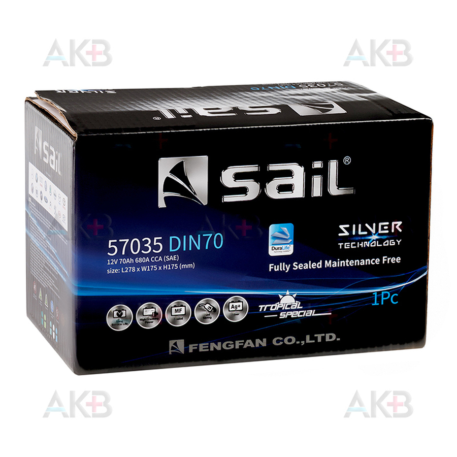 Автомобильный аккумулятор SAIL 70 Ач 680A обр. пол. (278x175x175) 57035