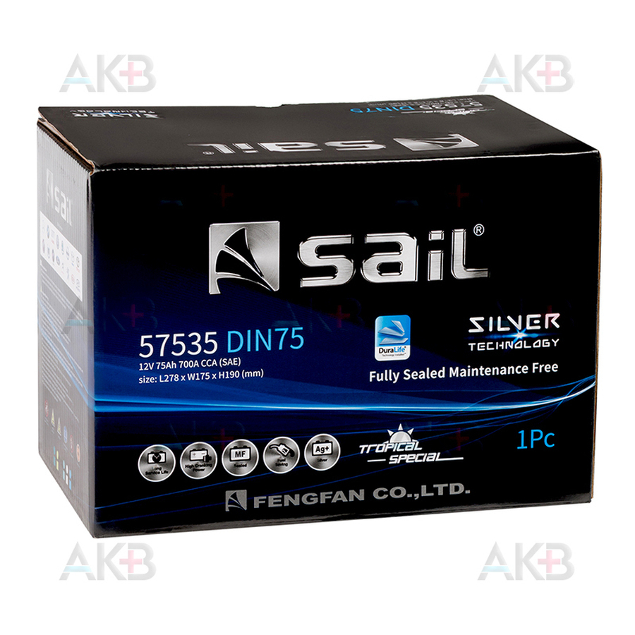 Автомобильный аккумулятор SAIL 75 Ач 700A обр. пол. (278x175x190) 57535