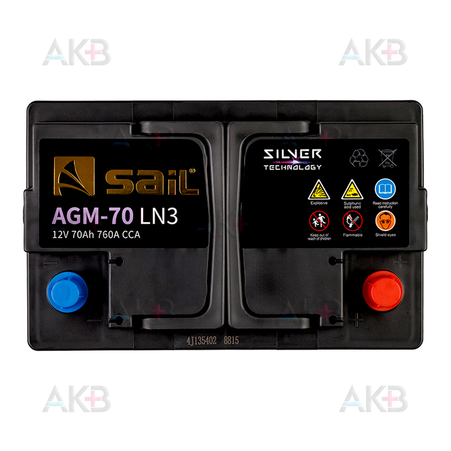 Автомобильный аккумулятор SAIL AGM 70 Ач 760A обр. пол. (278x175x190) Start Stop
