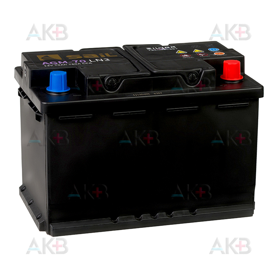 Автомобильный аккумулятор SAIL AGM 70 Ач 760A обр. пол. (278x175x190) Start Stop