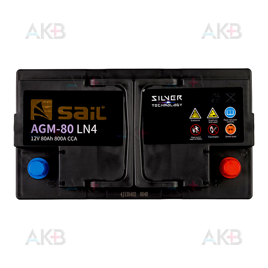 Автомобильный аккумулятор SAIL AGM 80 Ач 800A обр. пол. (315x175x190) Start Stop