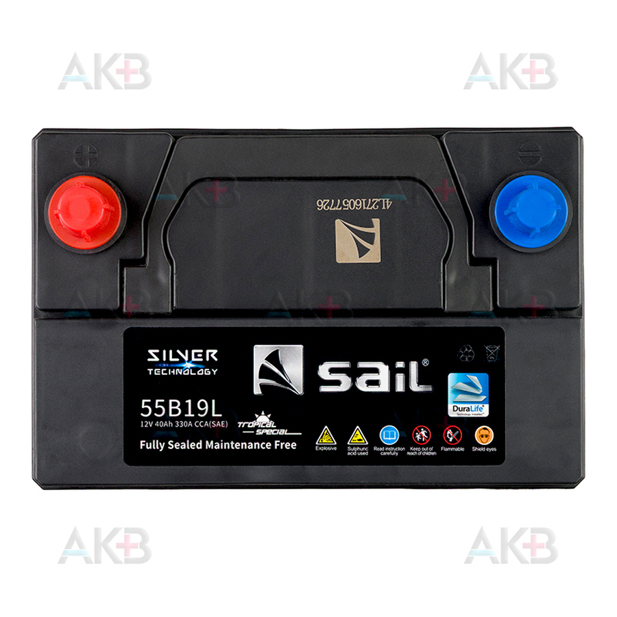 Автомобильный аккумулятор SAIL 55В19L 40 Ач 330A обр. пол. (187x127x225) узкие. клеммы