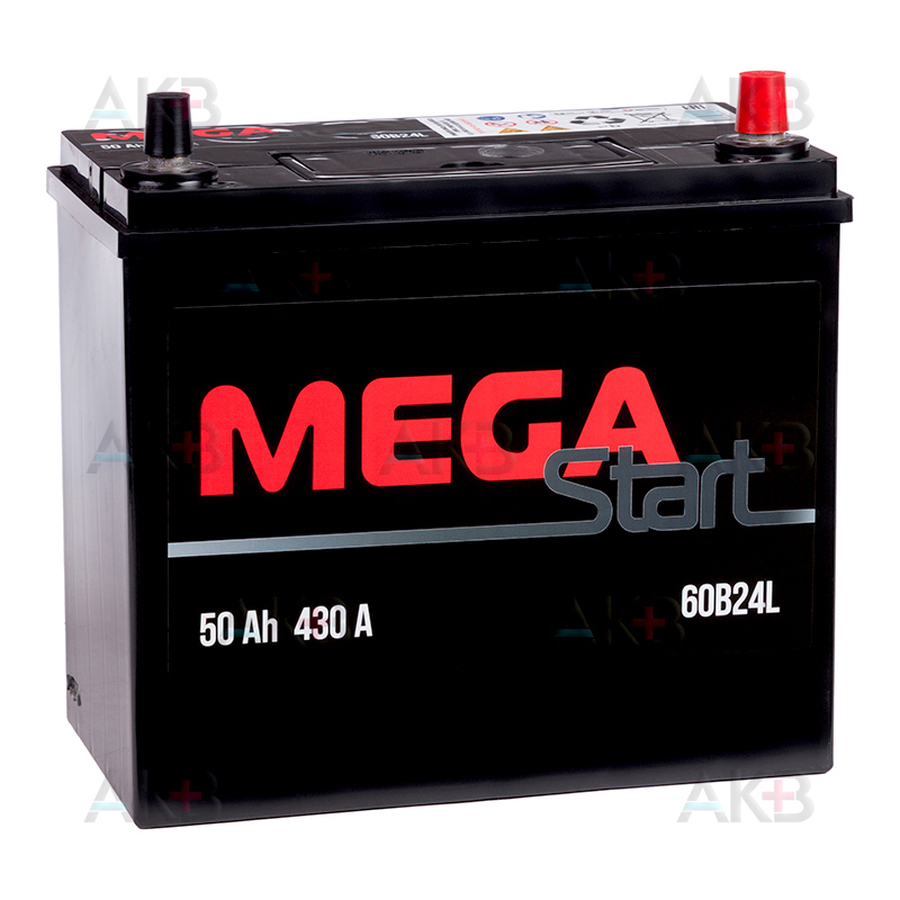 Автомобильный аккумулятор MEGA START 60B24L 50Ah 430A обр. пол. (237x127x225) узкие клеммы