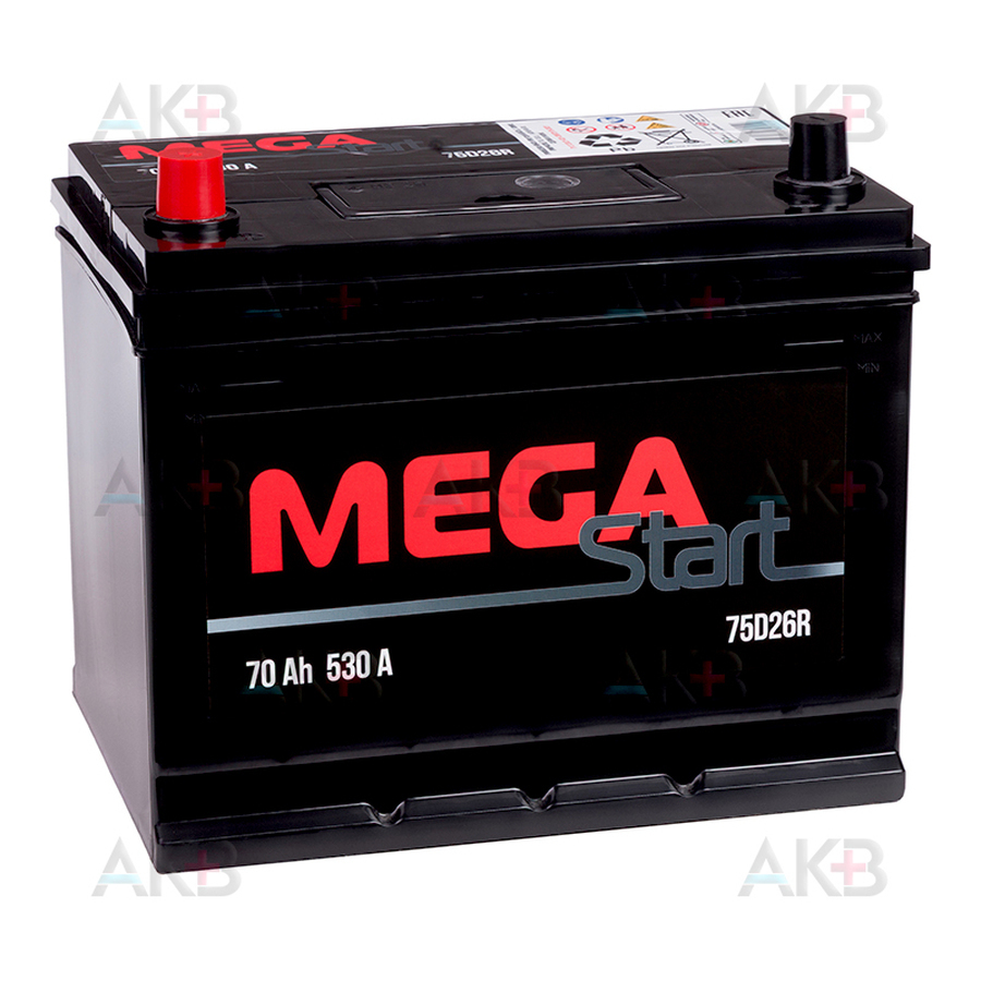 Автомобильный аккумулятор MEGA START 75D26R 70Ah 530A прям. пол. (261x175x225)