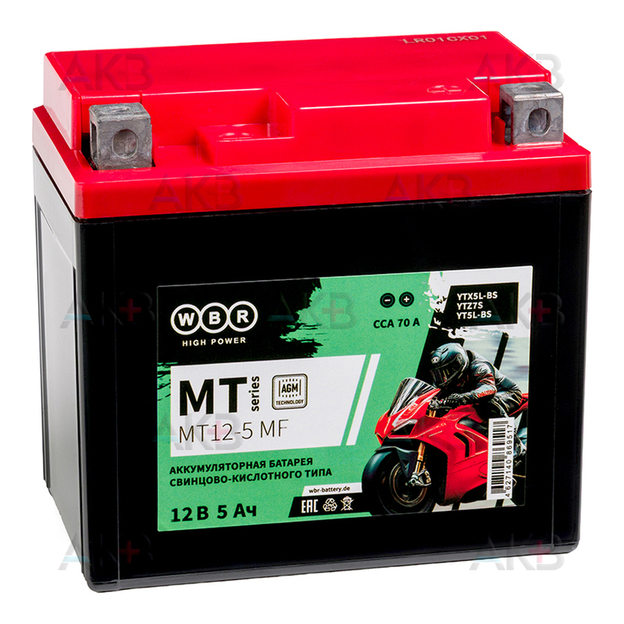 Мото аккумулятор WBR MT12-5 MF AGM 5 Ач 70А обр. пол. (113x70x105) YTX5L-BS
