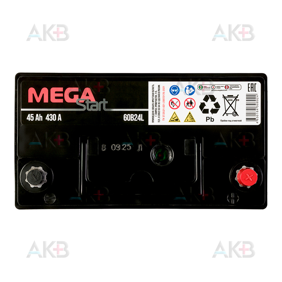 Автомобильный аккумулятор MEGA START 60B24L 45Ah 430A обр. пол. (237x127x225) узкие клеммы
