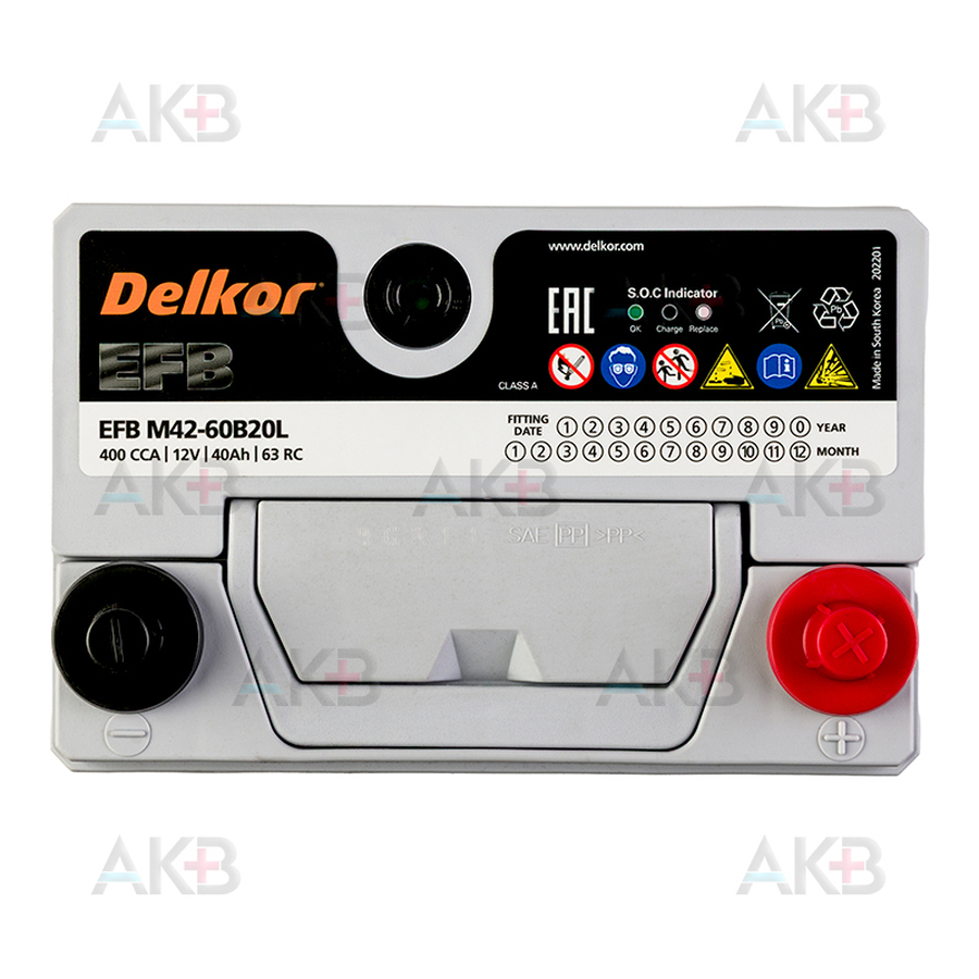 Автомобильный аккумулятор Delkor EFB 60B20L 40 Ач 400A обр. пол. (196x128x227) M42