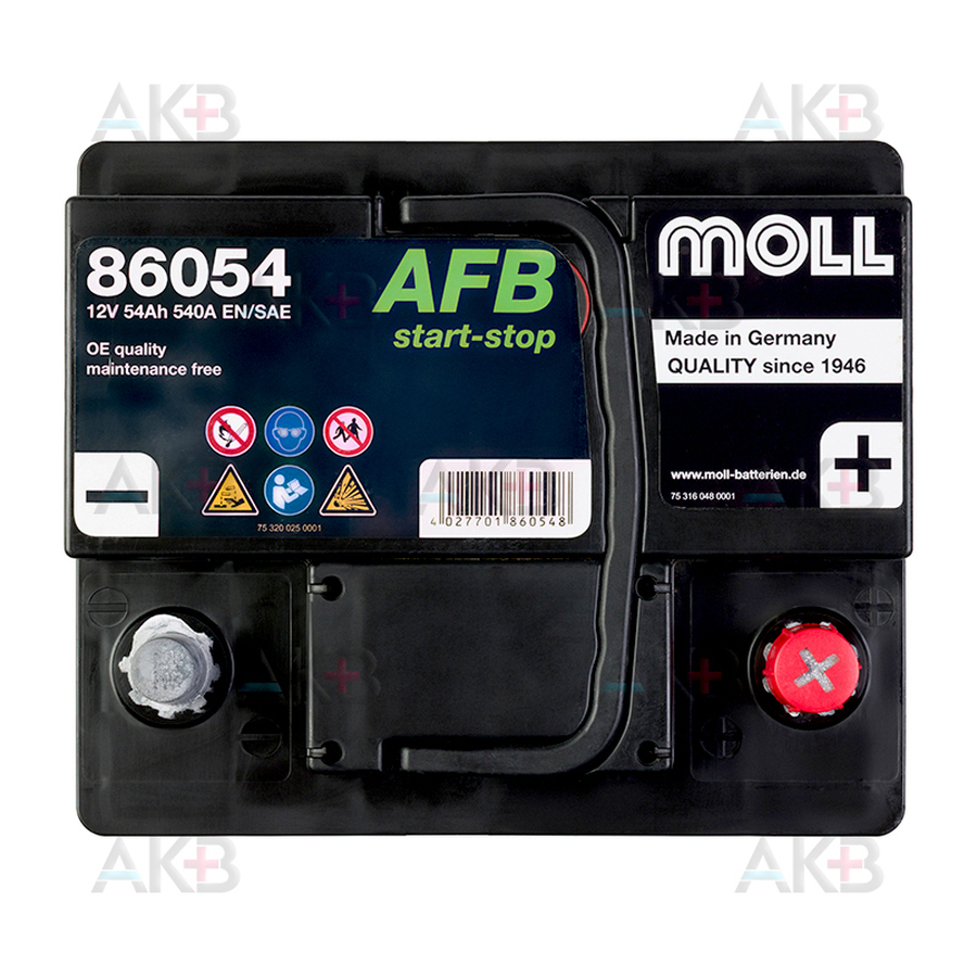 Автомобильный аккумулятор MOLL AFB Start Stop 54 Ач 540A обр. пол. (207x175x190) 86054