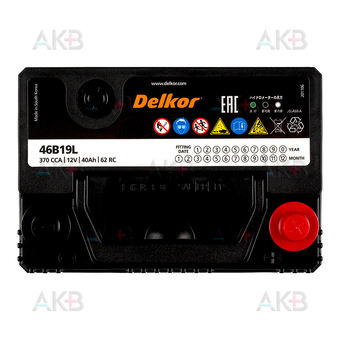 Автомобильный аккумулятор Delkor 46B19L (40R 370A 187x127x227). Фото 1