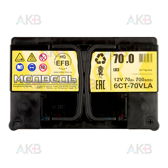 Автомобильный аккумулятор Медведь EFB 70 Ач 700A о.п. (278x175x175) низк.. Фото 1