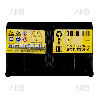 Автомобильный аккумулятор Медведь EFB 70 Ач 720A о.п. (278x175x190). Фото 1