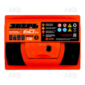 Автомобильный аккумулятор Зверь 60Ач 620A обр. пол. (242x175x190) ZVK 60-З-R. Фото 1