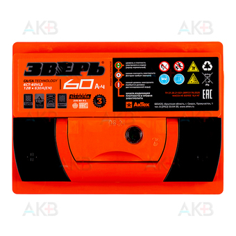 Автомобильный аккумулятор Зверь 60Ач 620A прям. пол. (242x175x190) ZVK 60-З-L. Фото 1