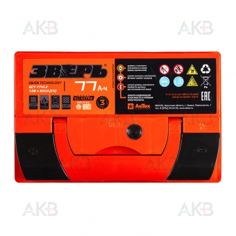 Автомобильный аккумулятор Зверь 77Ач 750A прям. пол. (276x175x190) ZVK 65-З-L. Фото 1