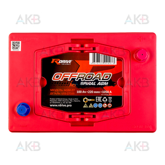 Автомобильный аккумулятор RDrive SPIRAL OFFROAD AGM-27 12V 100Ah 1050A (302х205х257) USS-27105. Фото 1