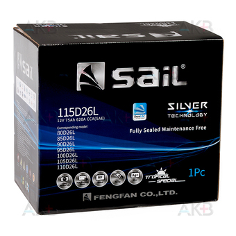 Автомобильный аккумулятор SAIL 115D26L 75 Ач 620A обр. пол. (260x173x225). Фото 1