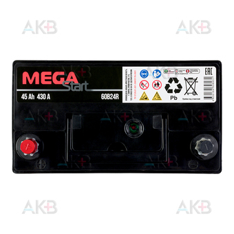Автомобильный аккумулятор MEGA START 60B24R 45Ah 430A прям. пол. (237x127x225) узкие клеммы. Фото 1